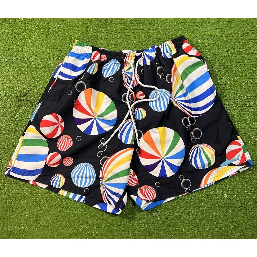 Vintage Abstract Swim Trunks Med. Uzzi Vibrant Surf Shorts Shark Logo 5" Inseam